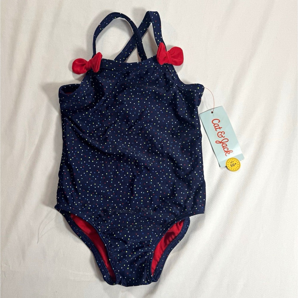 Cat & Jack Girls 2T One-Piece Swimsuit Navy/Red Polka Dot Bow Lined